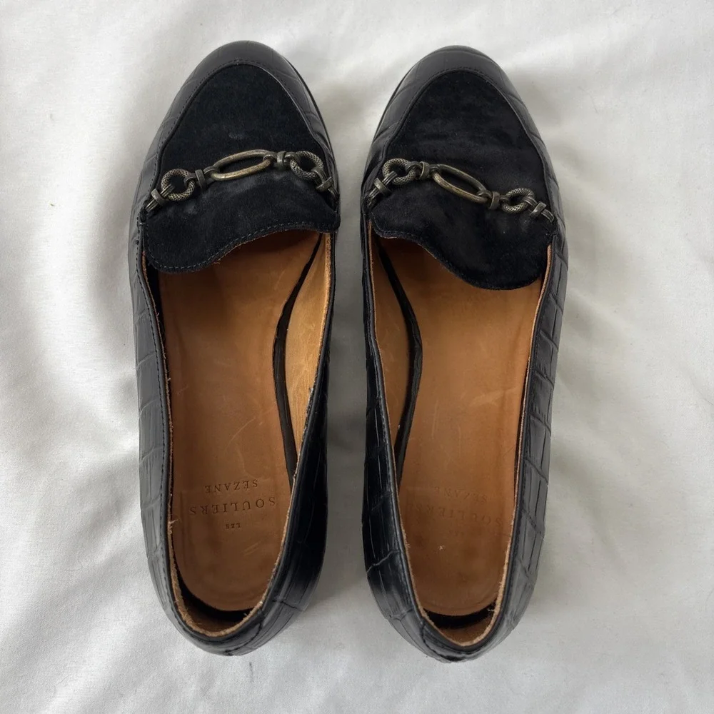Souliers Sezane Marius Women 6/36 Black Loafers Croc Leather Chain Embellishment - Picture 6 of 12